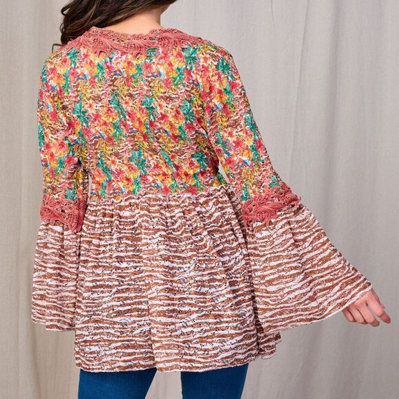 Gypsy Queen Crochet Flared Sleeve Open Knit Long Sleeve Rust - Picture 2 of 15